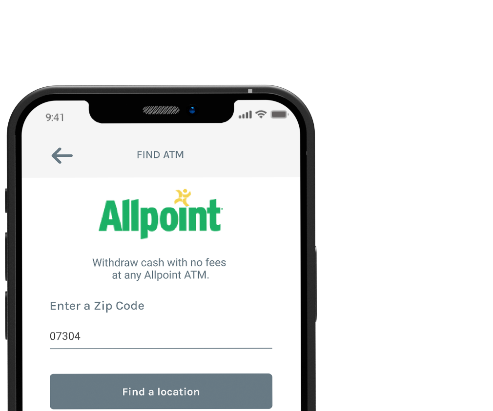 Mobile phone screen displaying the Allpoint ATM locator app interface. It shows the option to enter a zip code and a button labeled Find a location.