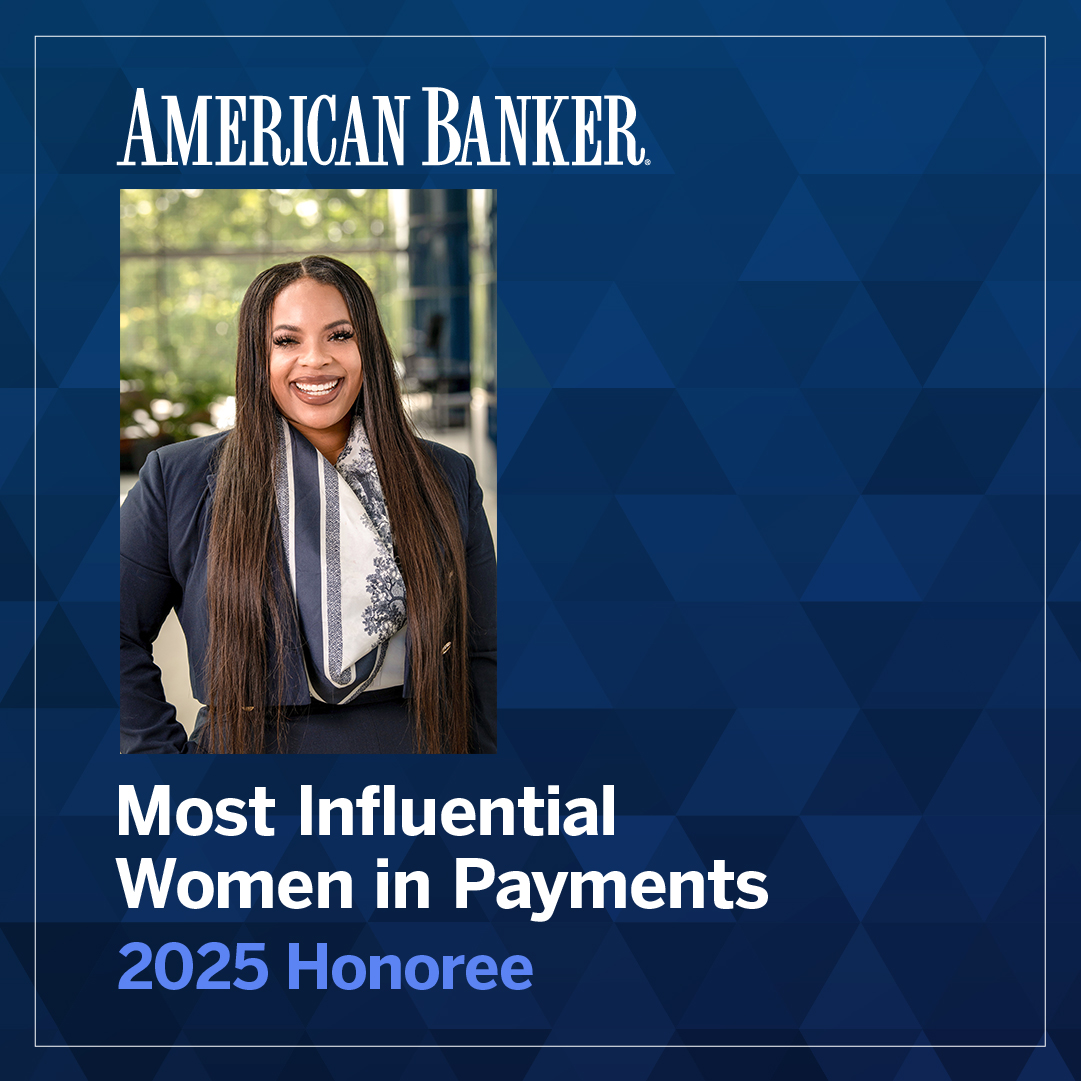 A woman in business attire is featured on a magazine cover for American Banker, labeled as one of the Most Influential Women in Payments, 2025 Honoree.