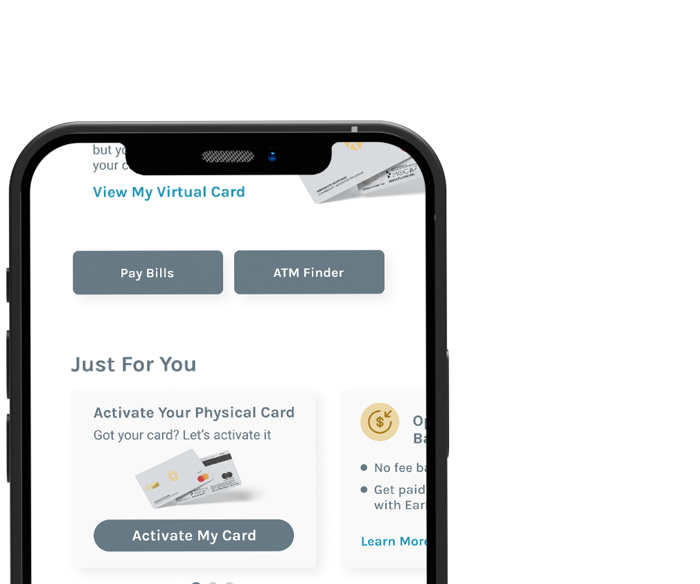 Smartphone screen displaying a banking app interface with options for viewing cards, paying bills, finding ATMs, and activating cards.