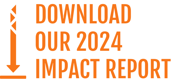 Orange text reads Download our 2024 Impact Report with a downward arrow on the left.